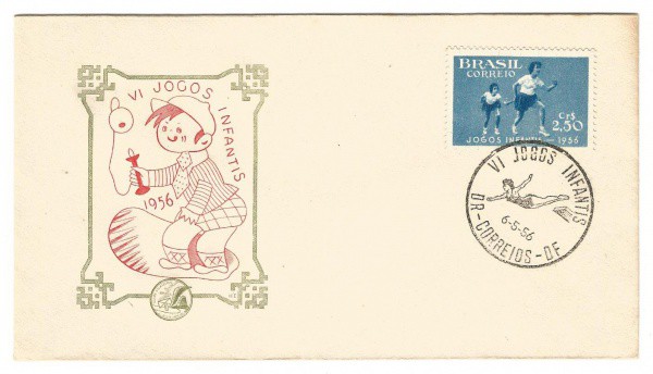 Filatelia: Envelope comemorativo do VI Jogos Infantis - 1956. Conserva selo e carimbo. MBC.
