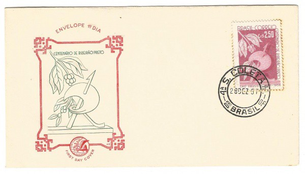 Filatelia: Envelope comemorativo do Centenário de Ribeirão Preto - 1957. Conserva selo e carimbo. 1º