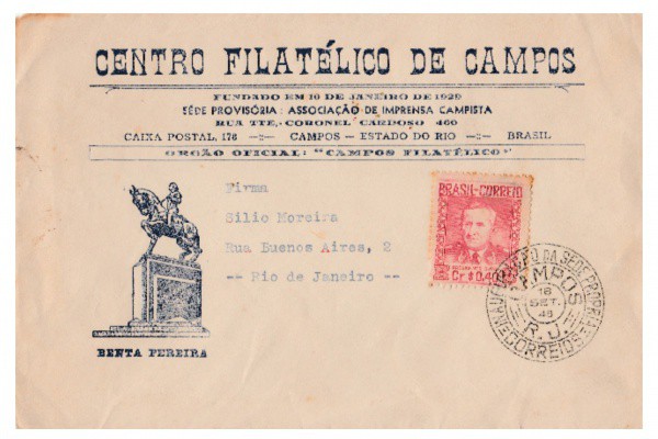 Filatelia: Envelope comemorativo do Centro Filatélico de Campos - Rio de Janeiro, Setembro de 1948.