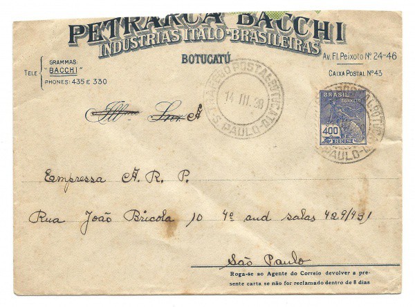 História postal: Envelope comercial da Petrarca Bacchi - Industrias Ítalo-Brasileira, circulado em 1