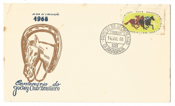 Filatelia: Envelope comemorativo do Centenário do Jockey Club Brasileiro - 1968. 1º Dia de Circulaçã