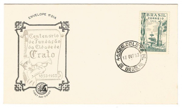 Filatelia: Envelope comemorativo do Centenário de Fundação da Cidade Crato - 1953. 1º Dia de Circula
