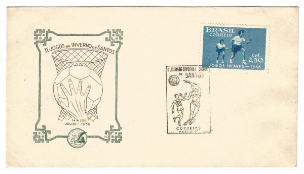 Filatelia: Envelope comemorativo do II Jogos de Inverno de Santos - 1956. Conserva selo e carimbo. M