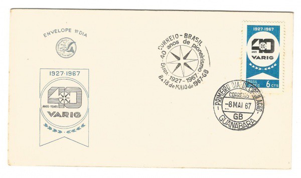 Filatelia: Envelope comemorativo VARIG - 40 anos de pioneirismo - 1967. 1º Dia de Circulação. Conser