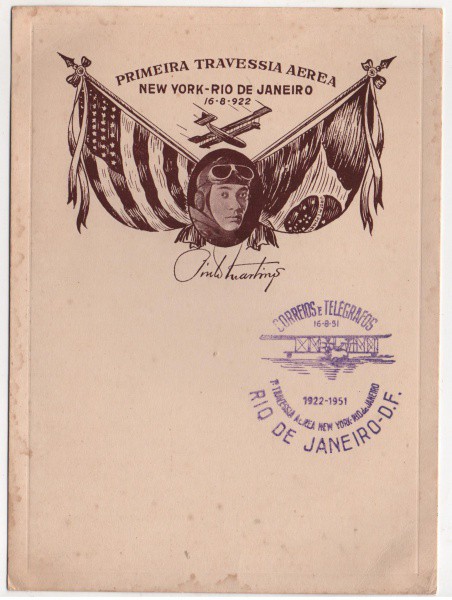 Filatelia: Folhinha Comemorativa Primeira Travessia Aérea New York - Rio de Janeiro, 1922. MBC.