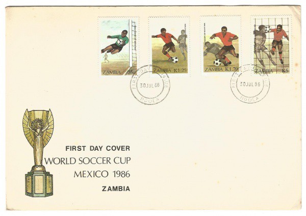 Envelope da Copa do Mundo Mexico 1986 com temática filatelica da Zambia. Bem conservado.