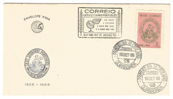 Filatelia: Envelope comemorativo Liceu Literário Português - 1968. Conserva selo e carimbos. 1º Dia