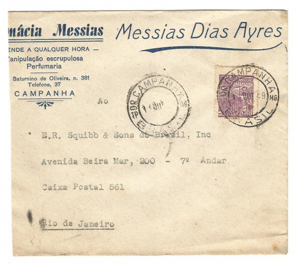 Envelope de Farmácia circulado em Campanha - MG. Muito bem conservado.