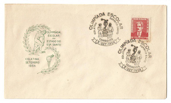 Filatelia: Envelope comemorativo da Olimpíada Escolar do Estado do Espírito Santo - 1954. Conserva s