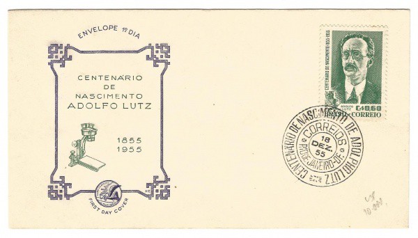 Filatelia: Envelope comemorativo do Centenário de Nascimento Adolfo Lutz - 1955. 1º Dia de Circulaçã