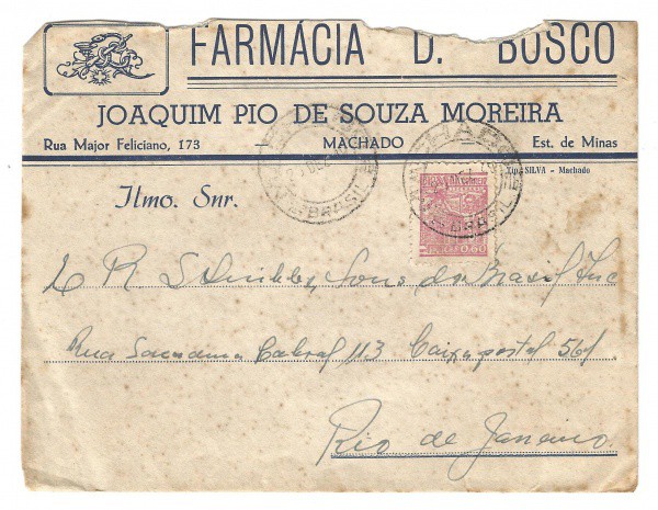 Envelope de Farmácia circulado em Machado - MG. Conservado.