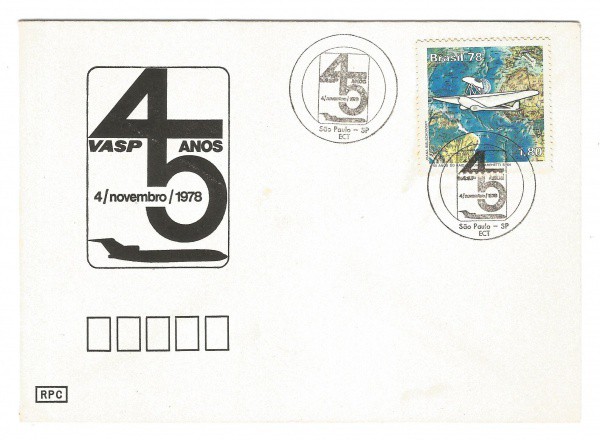 Envelope comemorativo dos 45 anos da VASP, novembro 1978. Muito bem conservado.