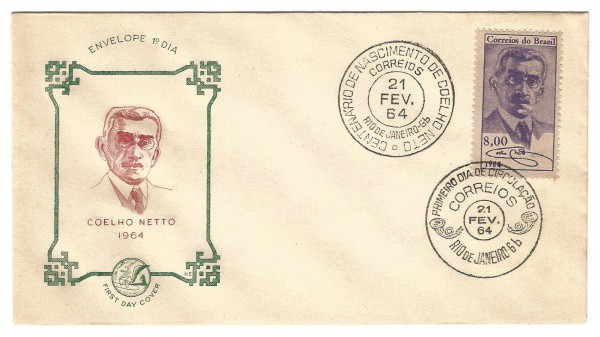 Filatelia: Envelope comemorativo do Centenário de Nascimento de Coelho Netto - 1964. 1º Dia de Circu