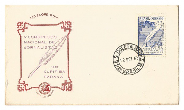 Filatelia: Envelope comemorativo do V Congresso Nacional de Jornalistas - 1953 - Curitiba. 1º Dia de
