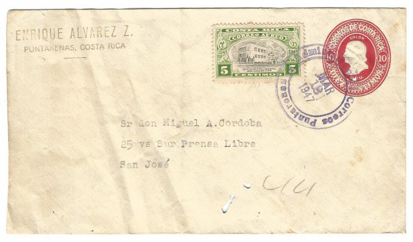 Envelope circulado com selo da Costa Rica. Porte Fixo, 1947. Pico de inseto, vide foto.