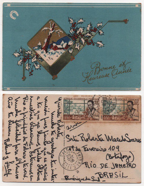 História Postal: Cartão circulado da África Ocidental francesa para o Brasil - 1956. BC.