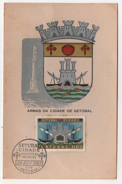 Filatelia: Folhinha Comemorativa com brasão e selo, Armas da Cidade de Setúbal - 1961. MBC.