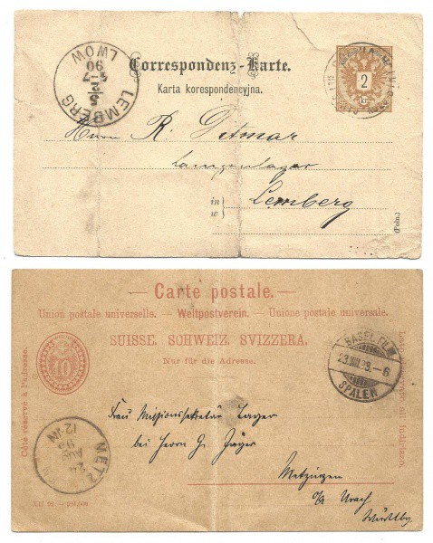 História Postal Universal: (2) Bilhetes Postais do século XIX, Suíça (1893) e Austria-Hungria (1890)