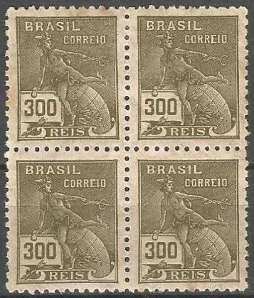Filatelia: Quadra de Selos Brasileiros no valor de 300 réis. NOVOS. MBC.