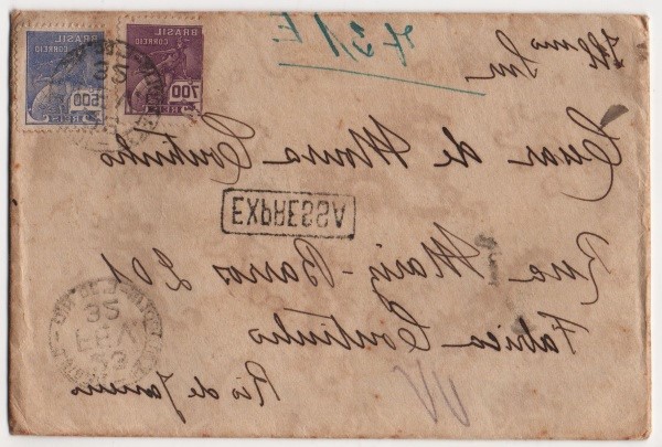 Filatelia: Envelope circulado no Brasil, Petrópolis, Fevereiro de 1932. Dois selos 700 e 500 Reis. V