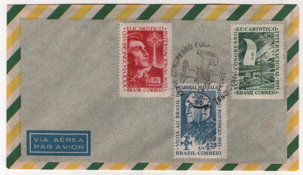 Filatelia: Envelope Comemorativo do XXXVI Congresso Eucarístico Internacional - 1955. MBC.