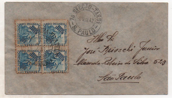 Filatelia: Envelope com quadras de selos brasileiros - IIª Agro Pecuária do Brasil Central - 1942. M