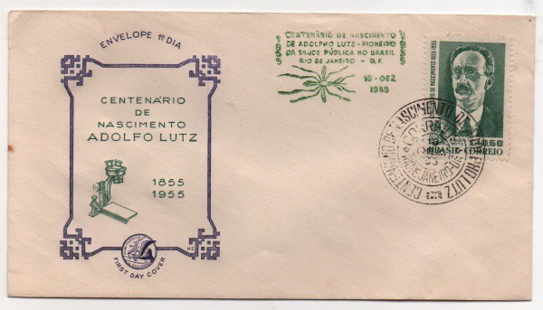 Filatelia: Envelope Comemorativo Centenário de Nascimento Adolfo Lutz - 1955. 1º Dia de Circulação.