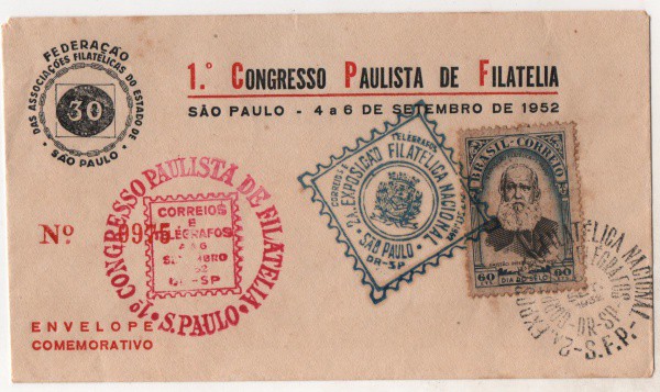 Filatelia: Envelope Comemorativo 1º Congresso Paulista de Filatelia - São Paulo - 1952. Preserva sel