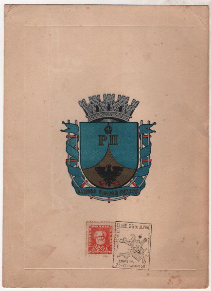 Filatelia: Folhinha Comemorativa com Brasão da Cidade de Petrópolis - 1959. Preserva selo e carimbo.