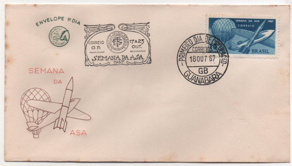 Filatelia: Envelope Comemorativo Semana da Asa - 1967. 1º Dia de Circulação. Preserva selo e carimbo