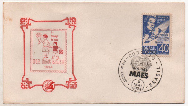 Filatelia: Envelope Comemorativo Dia das Mães - 1954. Preserva selo e carimbo. MBC.