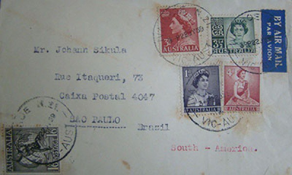 FILATELIA  ENVELOPE  ENVIADO DA AUTRÁLIA PARA SÃO PAULO EM 1939 -  COM 05 SELOS AUSTRALIANOS  - BE