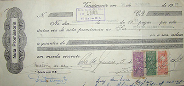 FILATELIA FISCAL NOTA PROMISSORIA BANCO DE CRÉDITO E COMMERCIO DE MINAS GERAIS - RIO DE JANEIRO , 19