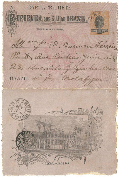 Carta Bilhete Dupla CB 68. Porte de 200 reis. Circulado em 1902. Iconografia da Casa da Moeda. Bem c