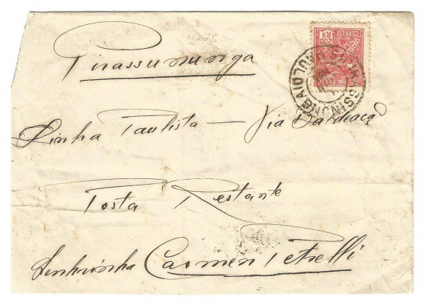 Envelope circulado em Pirassununga, 1925. Preserva selo Aviação de 200 reis e carimbos. Muito bem co