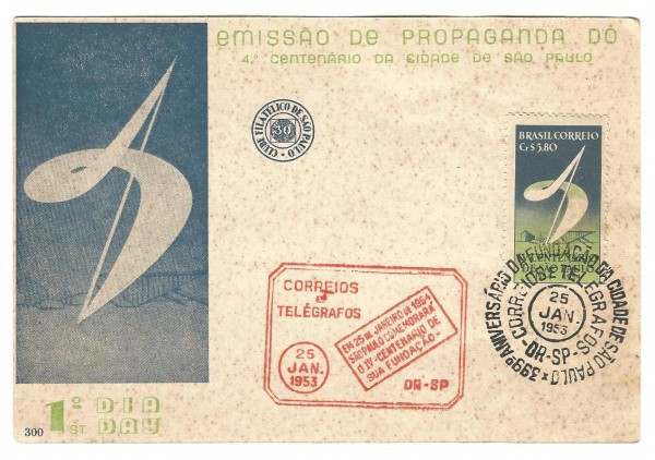 Cartão comemorativo do 4º Centenario da cidade de São Paulo, janeiro de 1953. Bem conservado.
