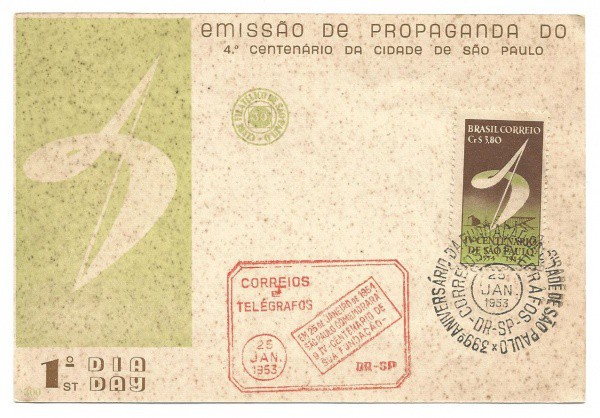 Cartão comemorativo do 4º Centenario da cidade de São Paulo, janeiro de 1953. Bem conservado.