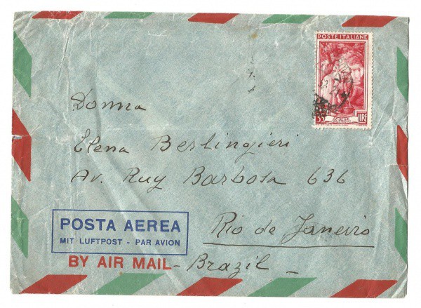 Envelope Via Aérea Italiano circulado para o Rio de Janeiro. Preserva selo. Muito bem conservado.