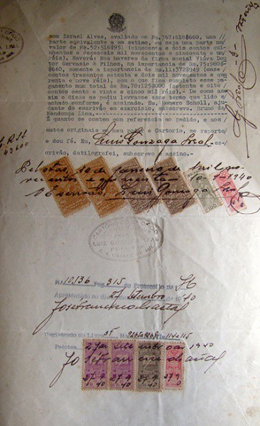FILATELIA FISCAL DOCUMENTO RIO GRANDE DO SUL , 1940 COM 10 SELOS DE DIVERSOS VALORES IMPOSTO DE SELO