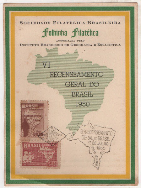 Filatelia: Folhinha Comemorativa VI Recenseamento Geral do Brasil 1950. Conserva selos e carimbos. M