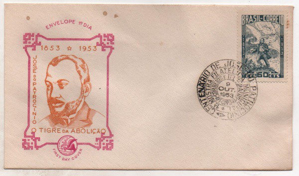 Filatelia: Envelope Comemorativo Centenário de José do Patrocínio - 1953. Preserva selo. MBC.