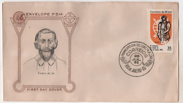 Filatelia: Envelope Comemorativo Estácio de Sá - 1965. 1º Dia de Circulação. Preserva selo e carimbo