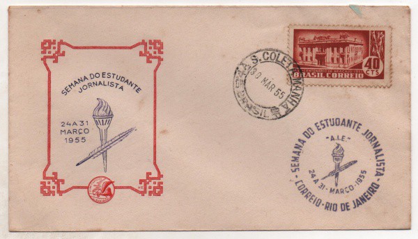 Filatelia: Envelope Comemorativo Semana do Estudante Jornalista - 1955. Preserva selo e carimbos. MB