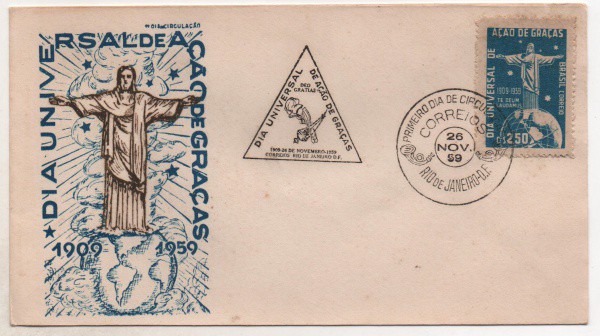 Filatelia: Envelope Comemorativo do Dia Universal de Ação de Graças. 1º Dia de Circulação - 1959. MB
