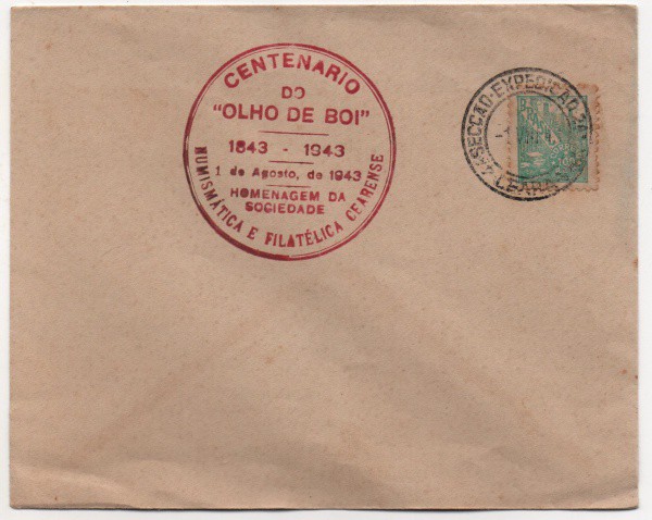 Filatelia: Envelope com Carimbo Comemorativo Centenário do Olho de Boi - 1943. MBC.