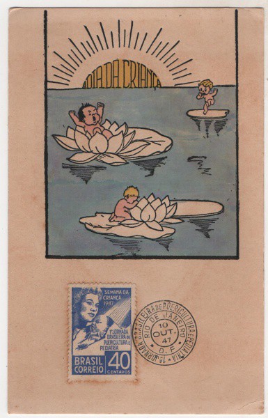 Filatelia: Folhinha Comemorativa 1ª Jornada Brasileira de Puericultura e Pediatria - 1947. MBC.