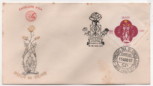 Filatelia: Envelope Comemorativo Rosa de Ouro - 1967. 1º Dia de Circulação. Preserva selo e carimbos