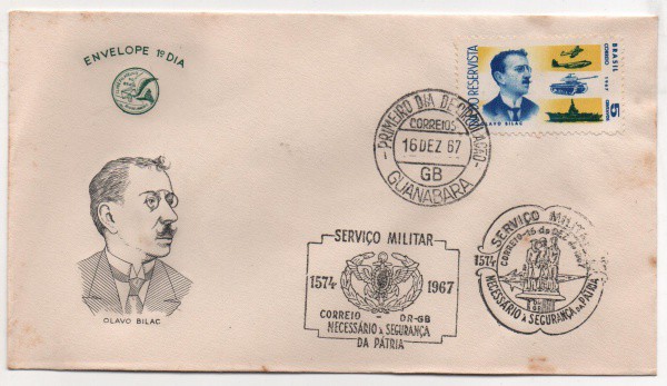 Filatelia: Envelope Comemorativo Olavo Bilac - 1967. 1º Dia de Circulação. Preserva selo e carimbos.