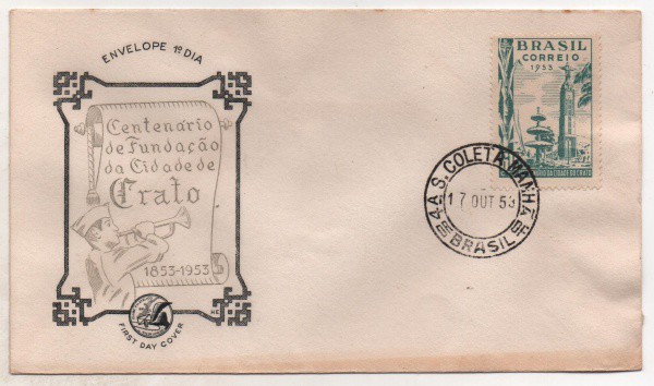 Filatelia: Envelope Comemorativo Centenário de Fundação da Cidade de Crato - 1953. 1º Dia de Circula