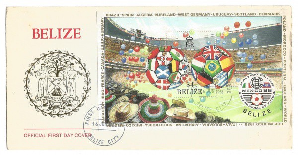 FILATELIA - COPA DO MUNDO - FUTEBOL: Envelope de Belize com lindo Bloco comemorativo ao Campeonato M